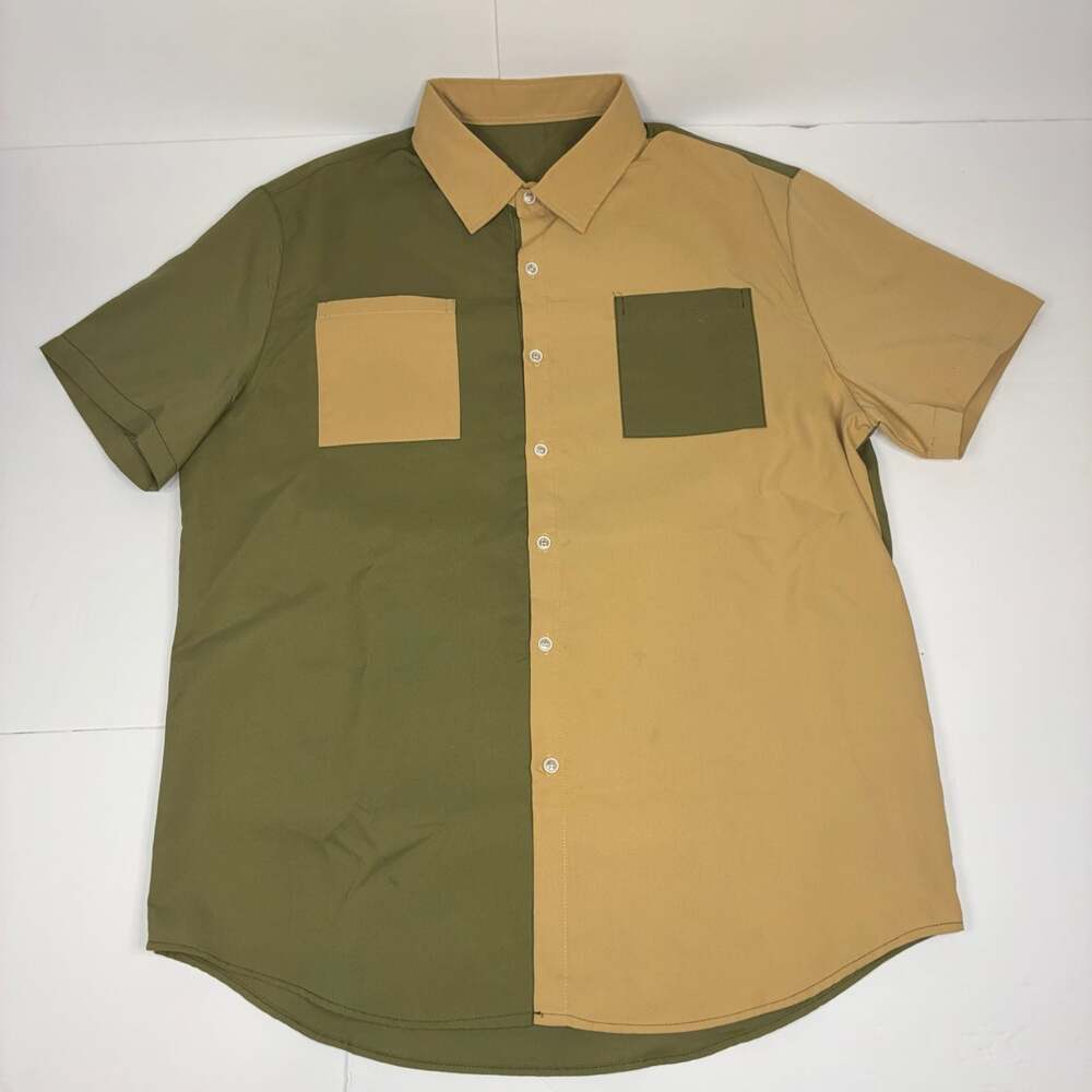 Unbranded Colorblock Men Short Sleeve Button Down Shirt Olive Tan Xl